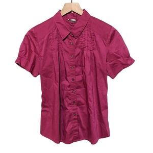 J. Jill Womens Pintuck Short Sleeve Blouse Size SP Petite Fuchsia Pink Button Up